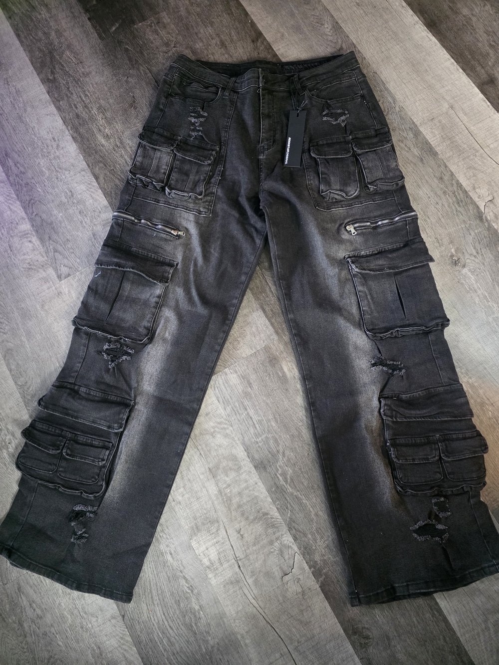 Men's Black Washed Cargo Pants with Multi-Pocket Utility Design
